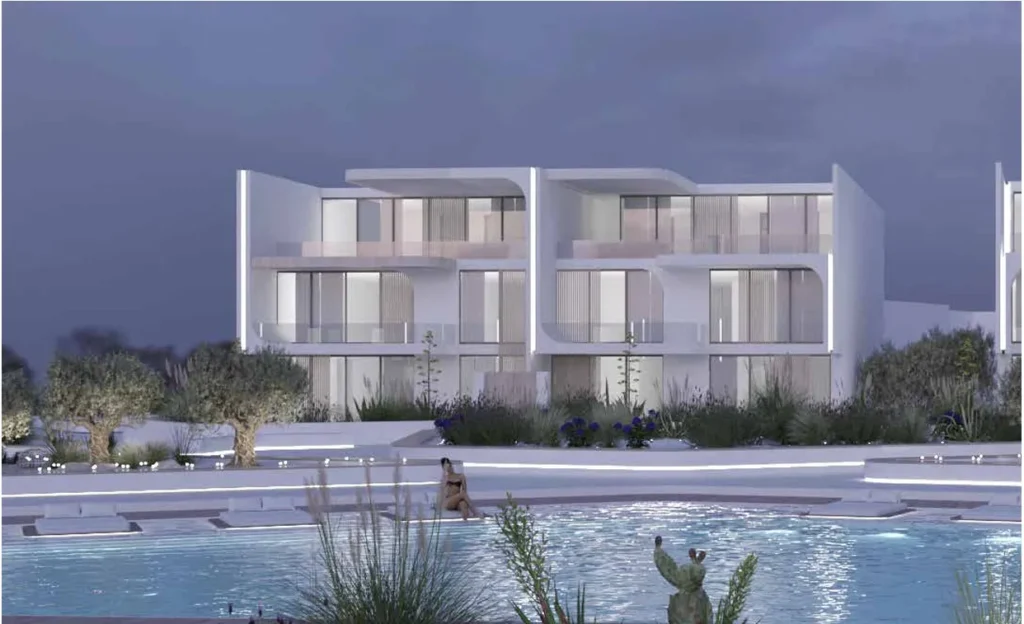 واجهة ليلية لشاليهات مطلة على بحيرة في أزها العين السخنة - AQ Residence Ain Sokhna