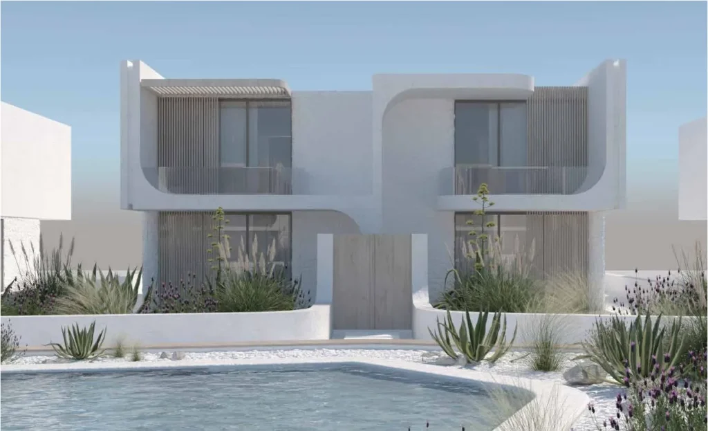 واجهة شاليه أبيض بتصميم منحنٍ وحمام سباحة خاص في إيه كيو ريزيدنس - AQ Residence Ain Sokhna