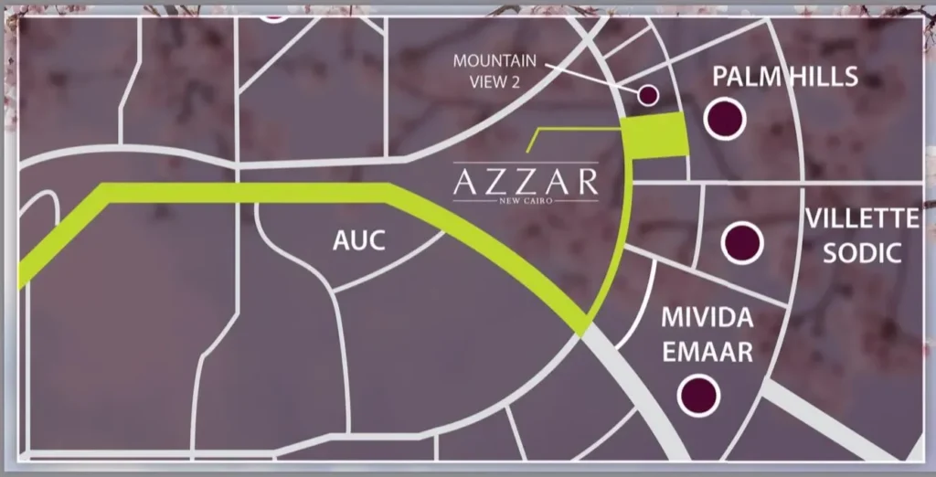 موقع كمبوند أزار بالنسبة لماونتن فيو 2 وبالم هيلز وفيليت سوديك وميفيدا