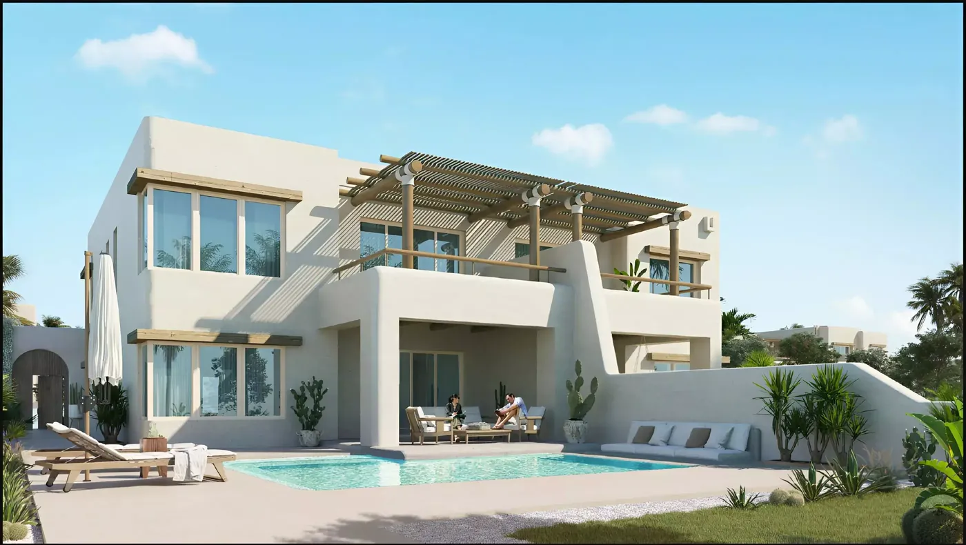 فيلا بيضاء بحمام سباحة وبرجولة في هاسيندا ووترز رأس الحكمة من بالم هيلز