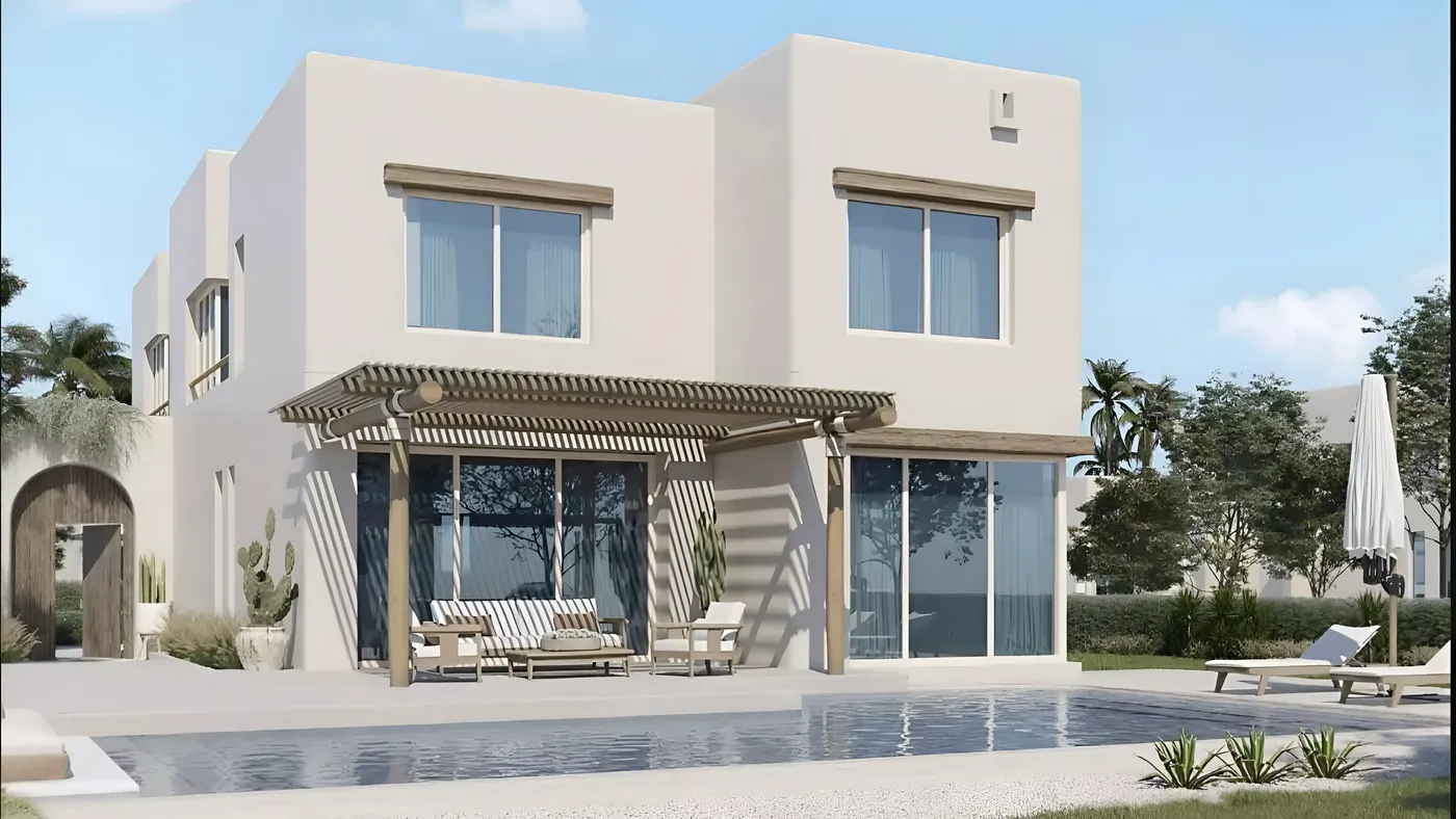 فيلا بيضاء بحمام سباحة وبرجولة في هاسيندا ويست رأس الحكمة من بالم هيلز