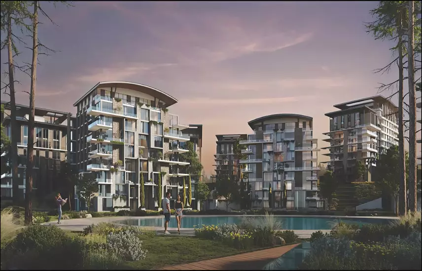 كمبوند نيست التجمع السادس | Nest New Cairo - مباني الكمبوند وقت الغروب