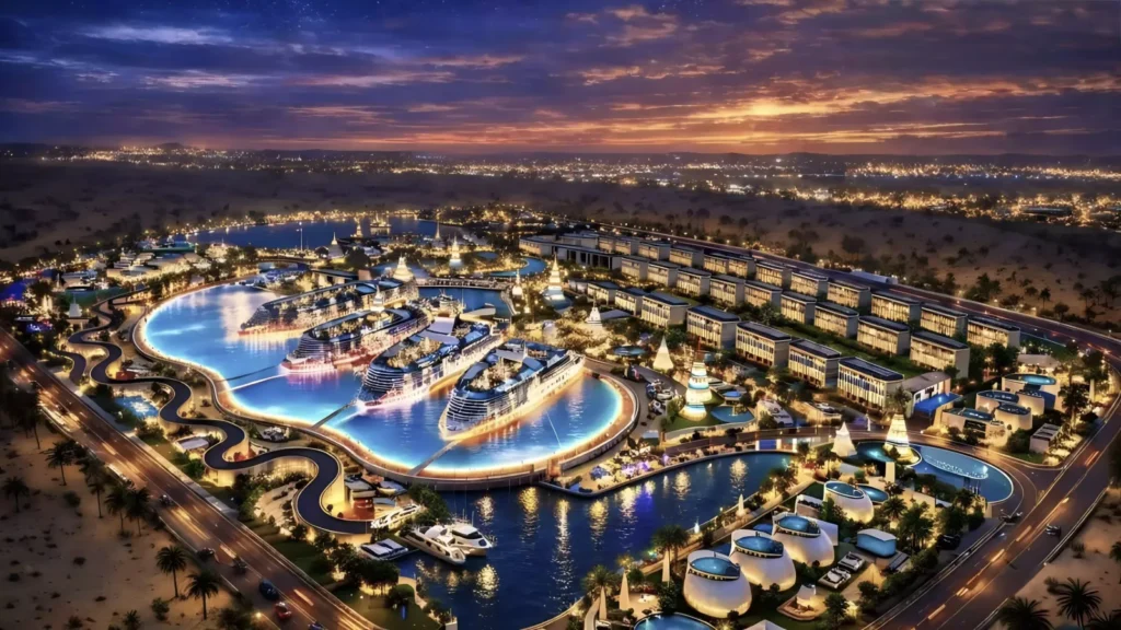 منظر جوي ليلي للبحيرات والمباني المضيئة في بورتو جراندي العلمين الجديدة - Porto Grande New Alamein