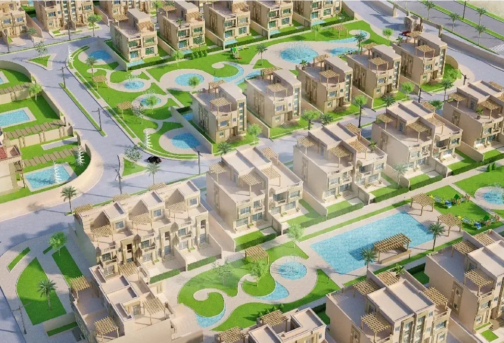 لقطة مائلة لفلل وتوين هاوس وحمامات سباحة في رويال ليك زايد