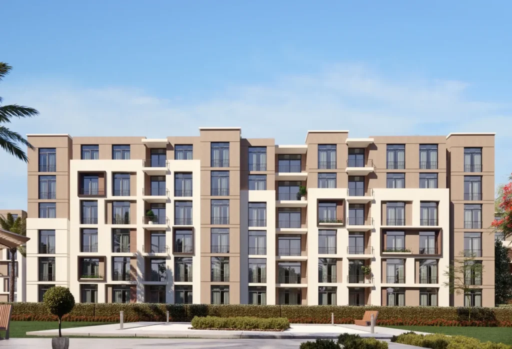 مبنى سكني وحدائق في كمبوند سراي القاهرة الجديدة | Sarai New Cairo