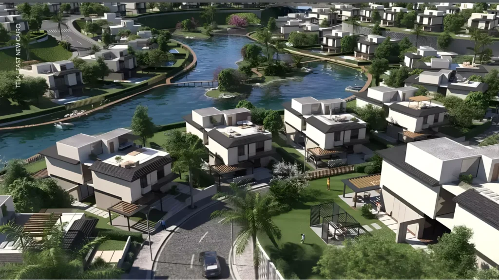 كمبوند تلال إيست التجمع الخامس | Telal East New Cairo - منظر جوي للبحيرة والفيلات