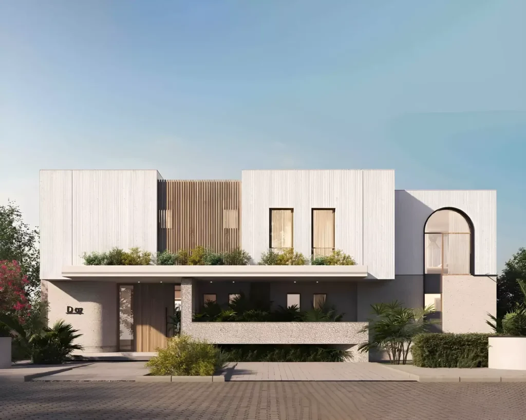 واجهة مبنى بتصميم متوسطي في ذا ميد رأس الحكمة
