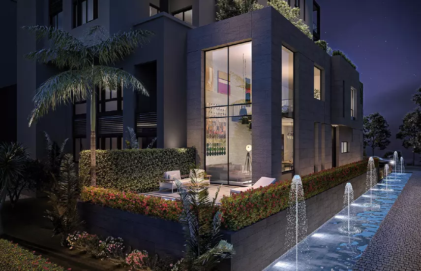 كمبوند تريو جاردنز التجمع الخامس | Trio Gardens New Cairo - واجهة ليلية مع نافورة