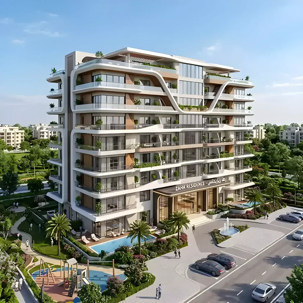 واجهة زاها ريزيدنس بتصميم عصري ومسطحات خضراء
